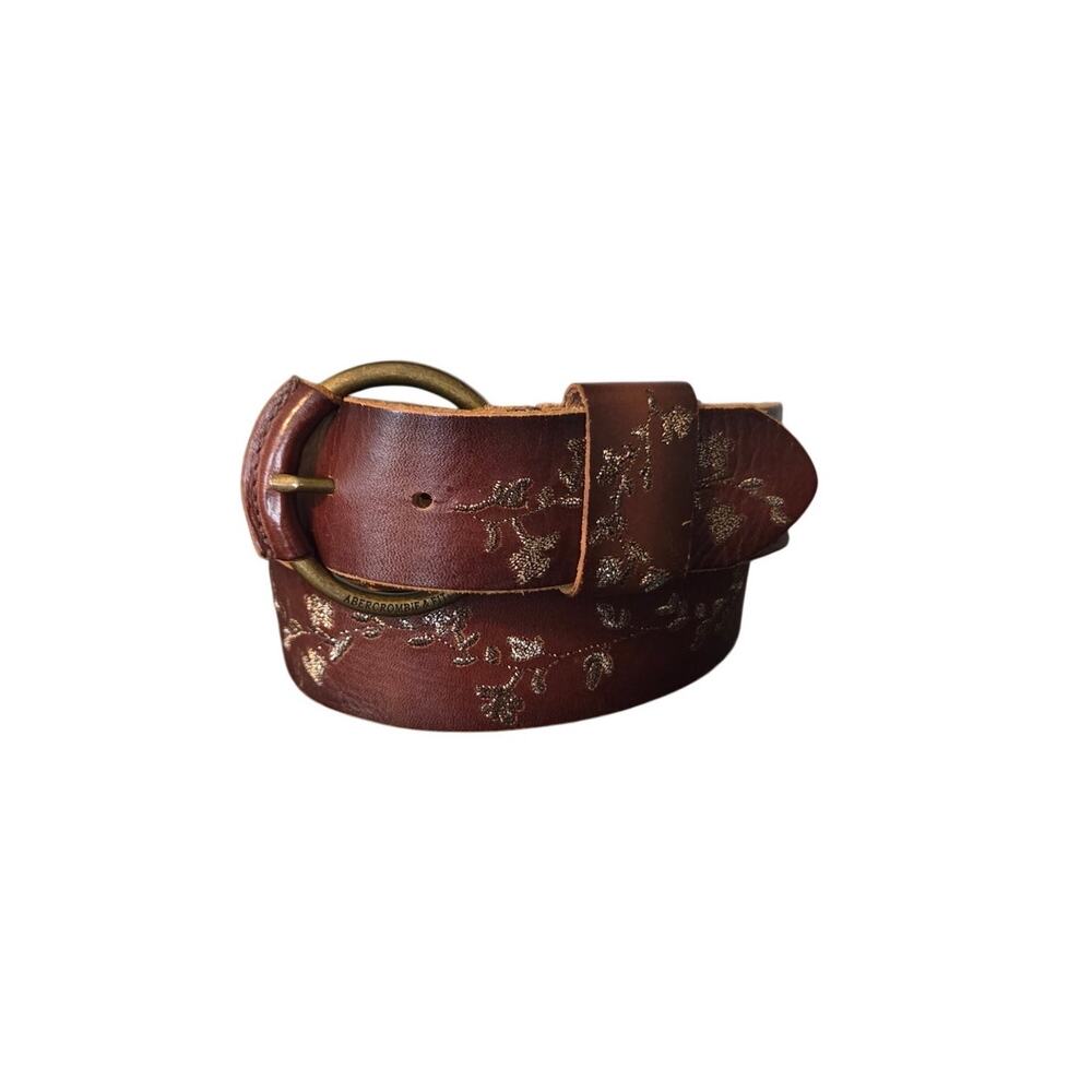 Abercrombie Fitch genuine leather 1.5" brown embroidered floral belt brass M